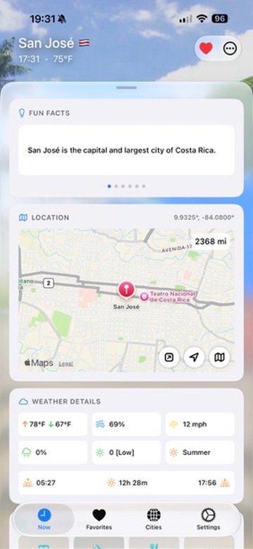 5pm Somewhere screen with fun facts, location map and weather details