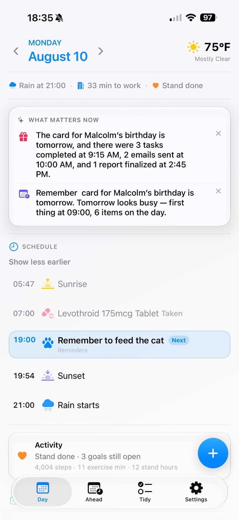 MyDay daily summary view with weather and activity context