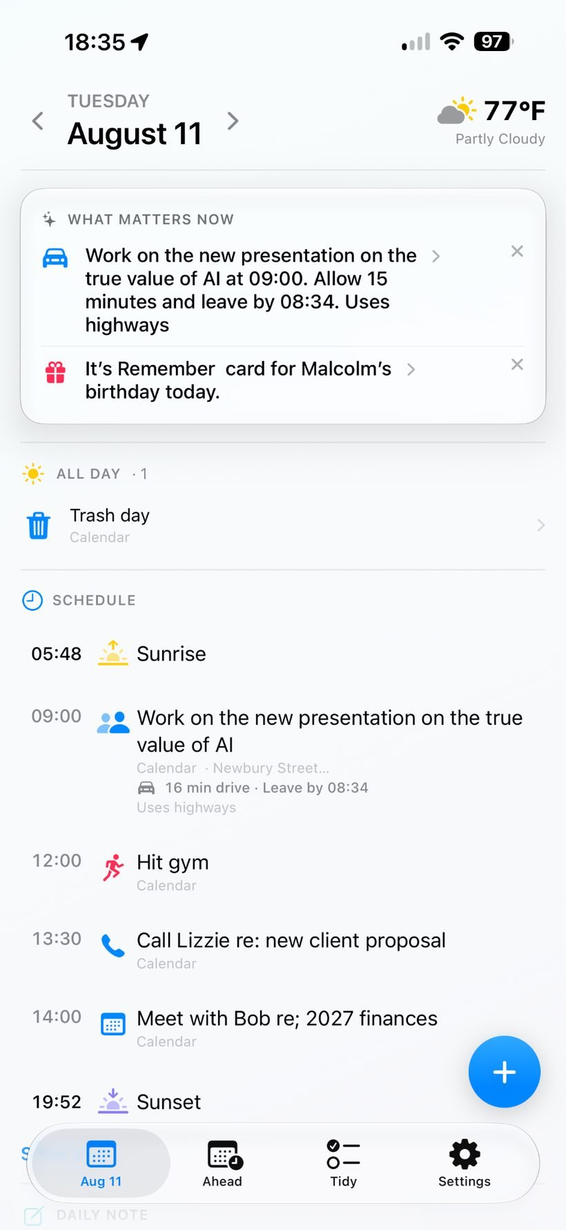 MyDay day view showing what matters now, all day items and schedule