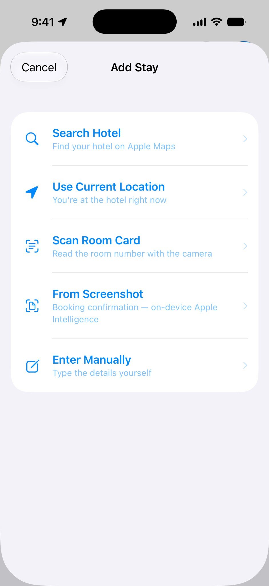 Ruumly Add Stay screen with several ways to add hotel details