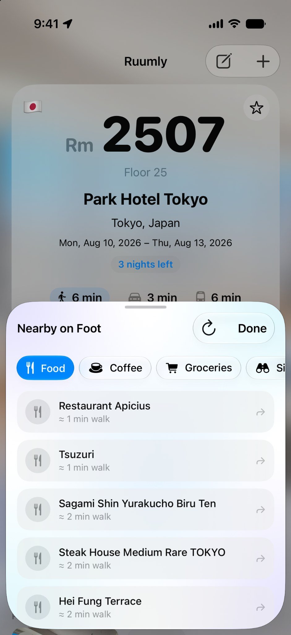 Ruumly Nearby on Foot screen showing restaurants near a hotel
