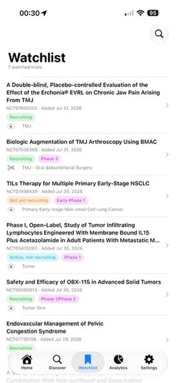 TrialBeacon watchlist screen